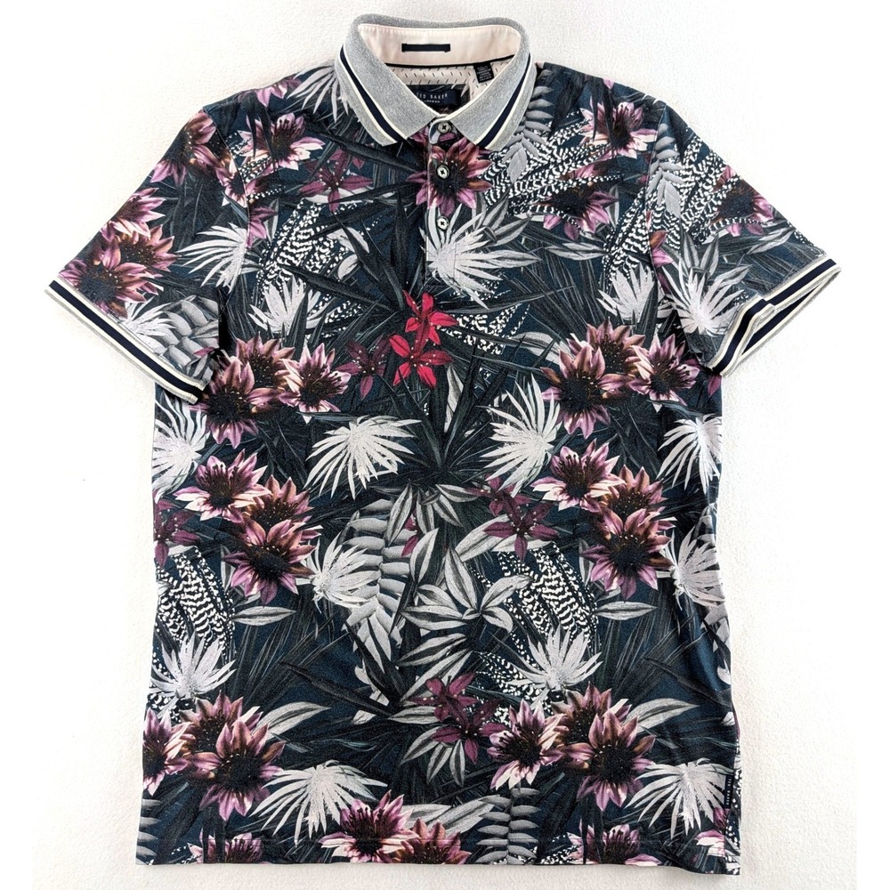 Ted Baker Kendle Floral Polo Shirt Mens 3 M Navy Pink Cotton Stretch